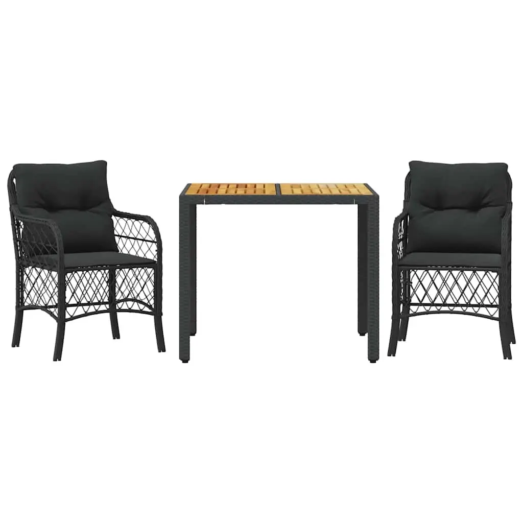 3 Piece Bistro Set with Cushions Black Poly Rattan 3212042 - Furniture