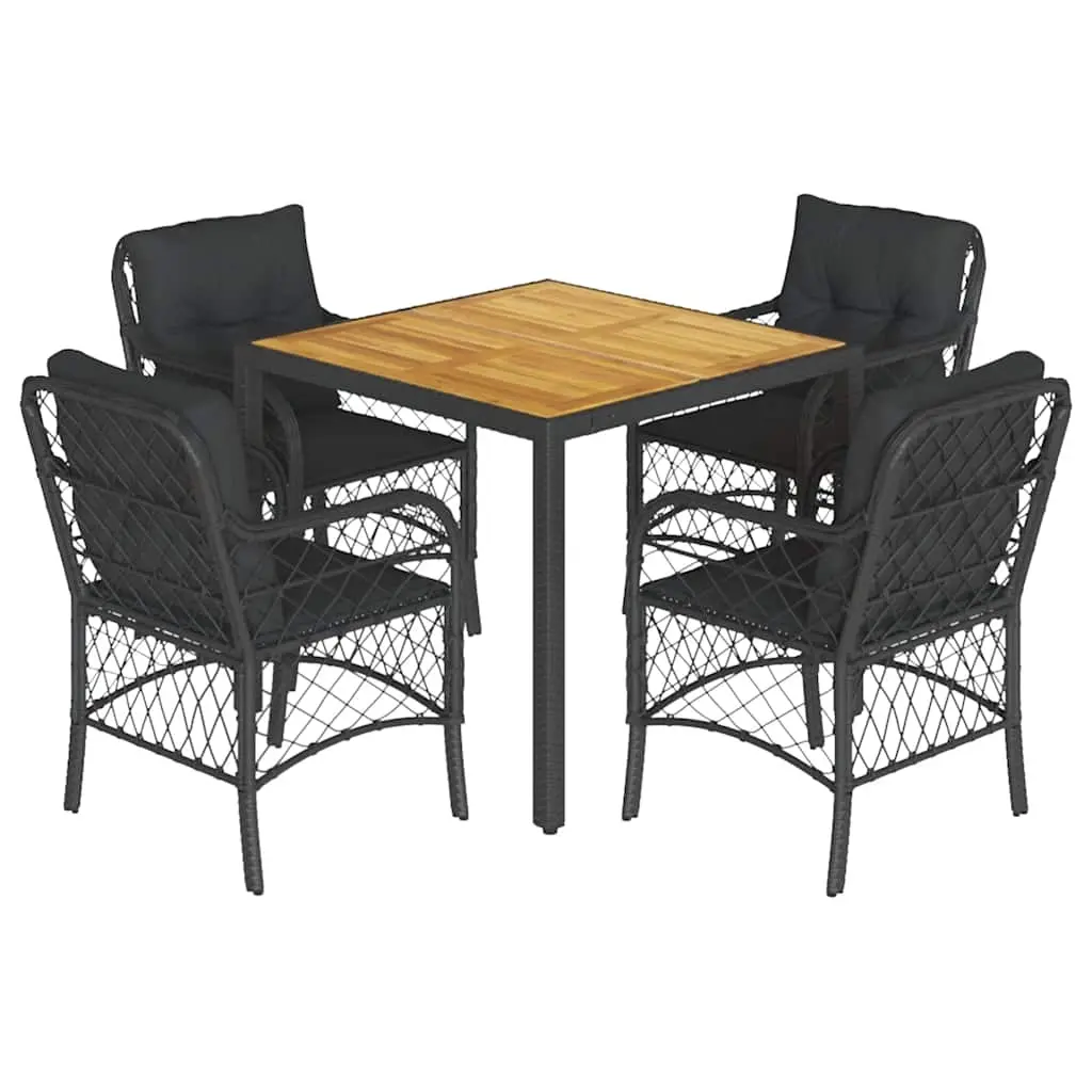 5 Piece Garden Dining Set with Cushions Black Poly Rattan 3212043 - Furniture