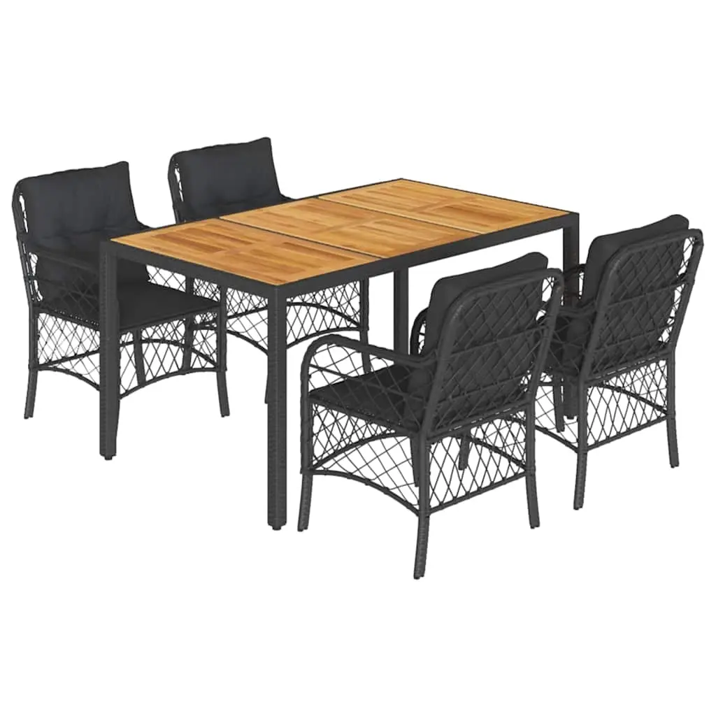 5 Piece Garden Dining Set with Cushions Black Poly Rattan 3212044 - Furniture