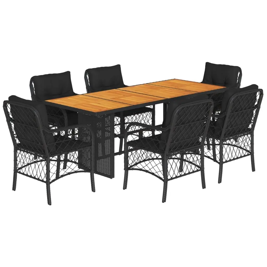 7 Piece Garden Dining Set with Cushions Black Poly Rattan 3212072 - Furniture