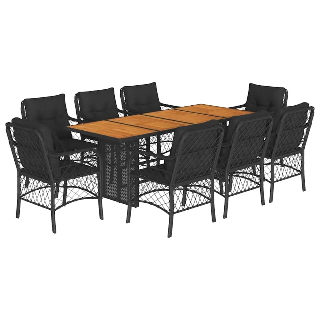 9 Piece Garden Dining Set with Cushions Black Poly Rattan 3212073 - Furniture