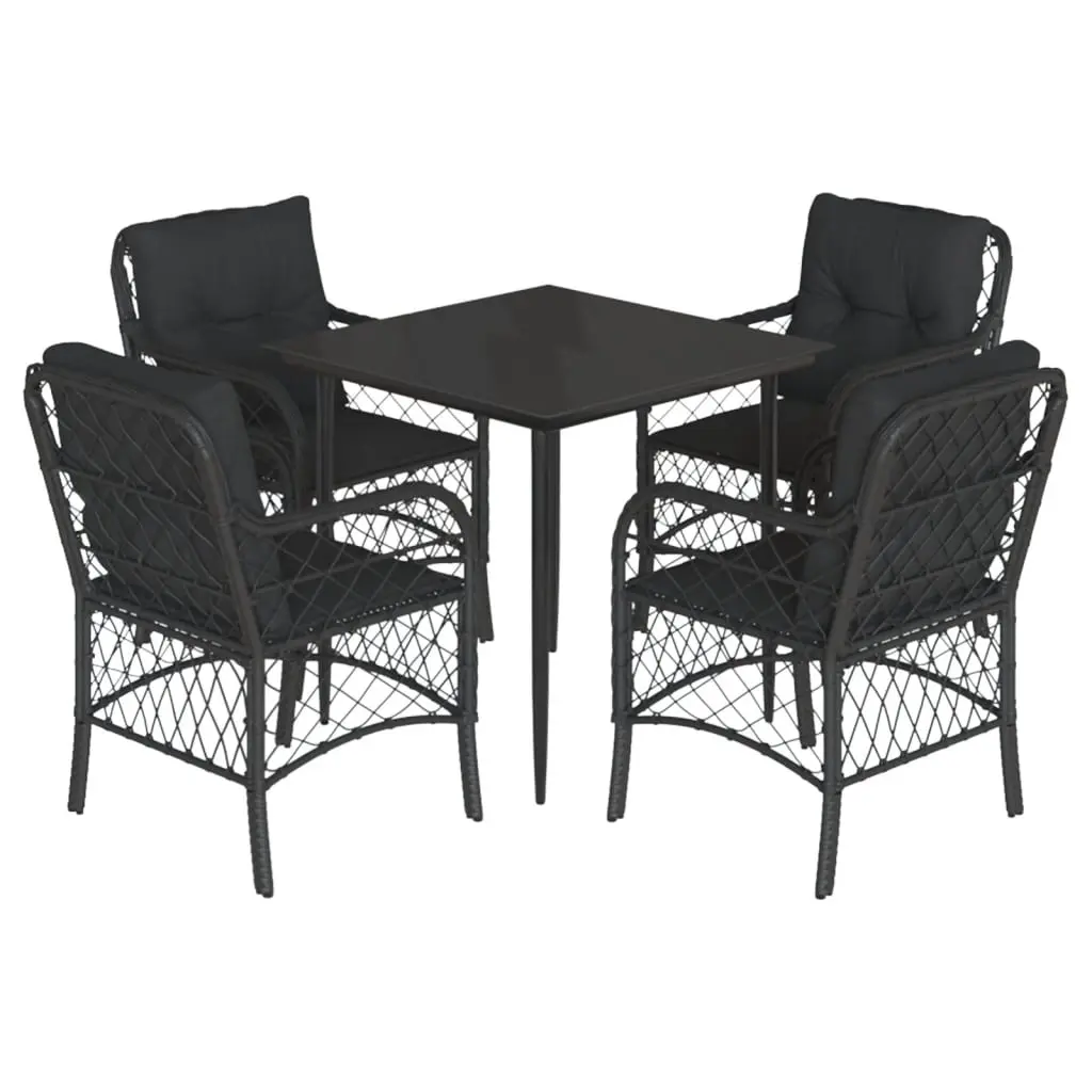 5 Piece Garden Dining Set with Cushions Black Poly Rattan 3212097 - Furniture