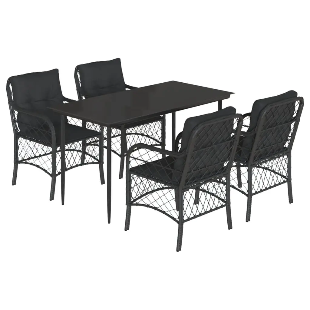 5 Piece Garden Dining Set with Cushions Black Poly Rattan 3212098 - Furniture