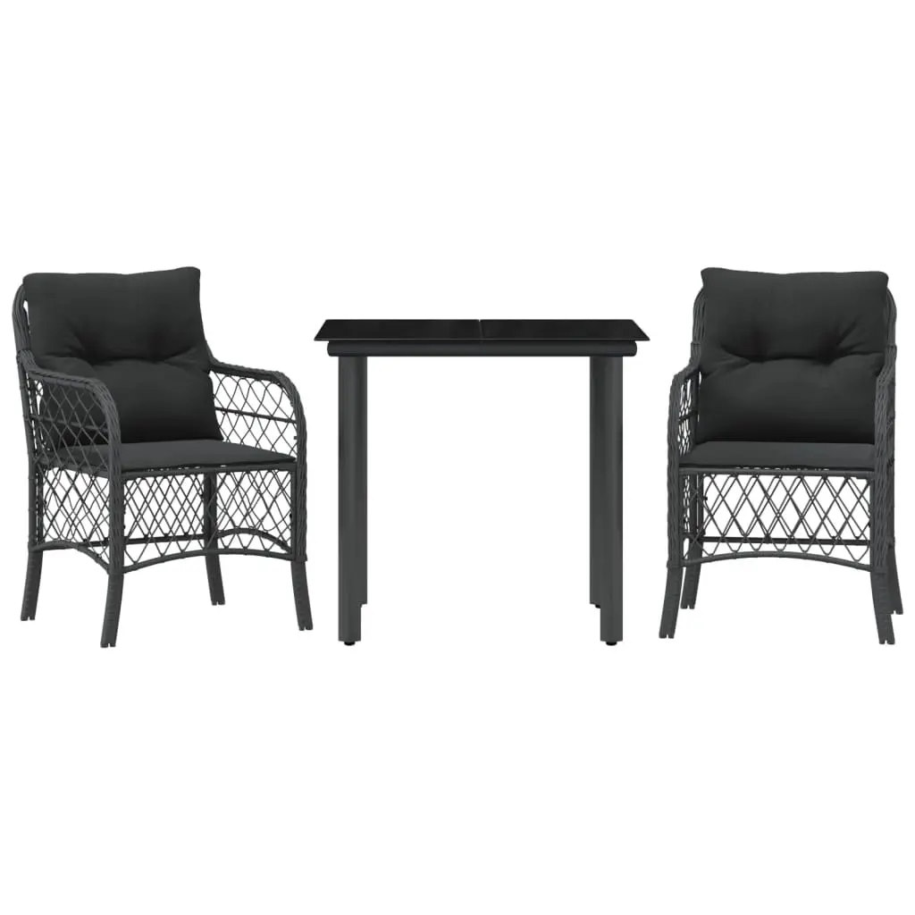 3 Piece Bistro Set with Cushions Black Poly Rattan 3212103 - Furniture