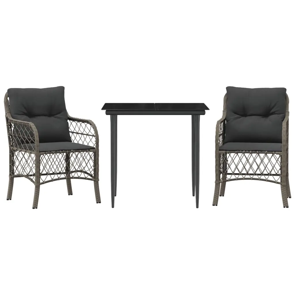 3 Piece Bistro Set with Cushions Grey Poly Rattan 3212124 - Furniture
