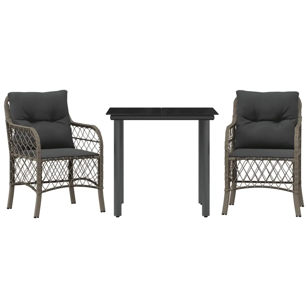3 Piece Bistro Set with Cushions Grey Poly Rattan 3212131 - Furniture