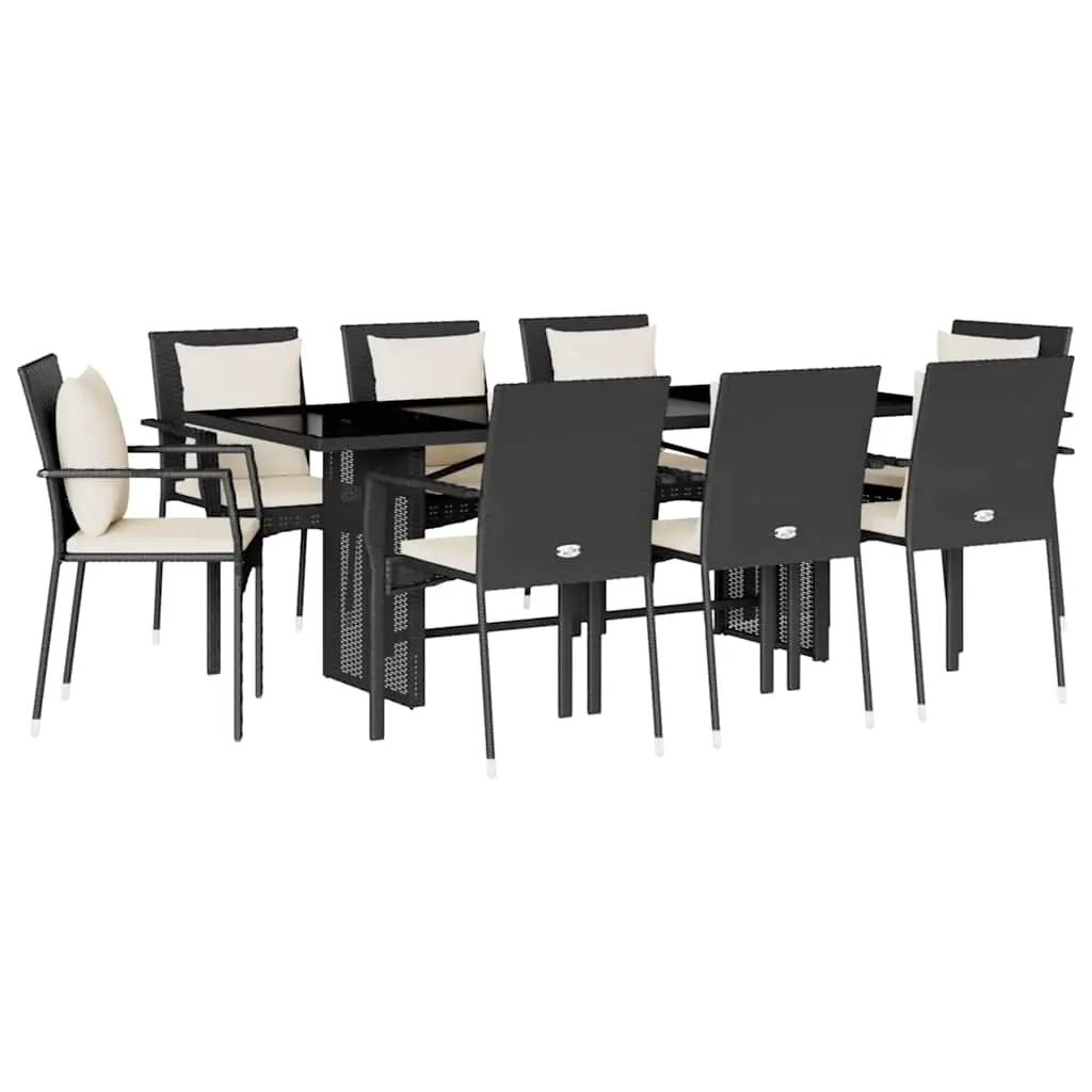 9 Piece Garden Dining Set with Cushions Black Poly Rattan 3213491 - Furniture