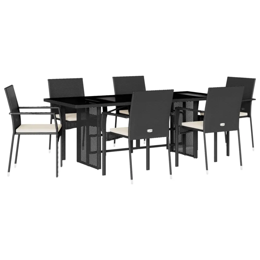 7 Piece Garden Dining Set with Cushions Black Poly Rattan 3213494 - Furniture
