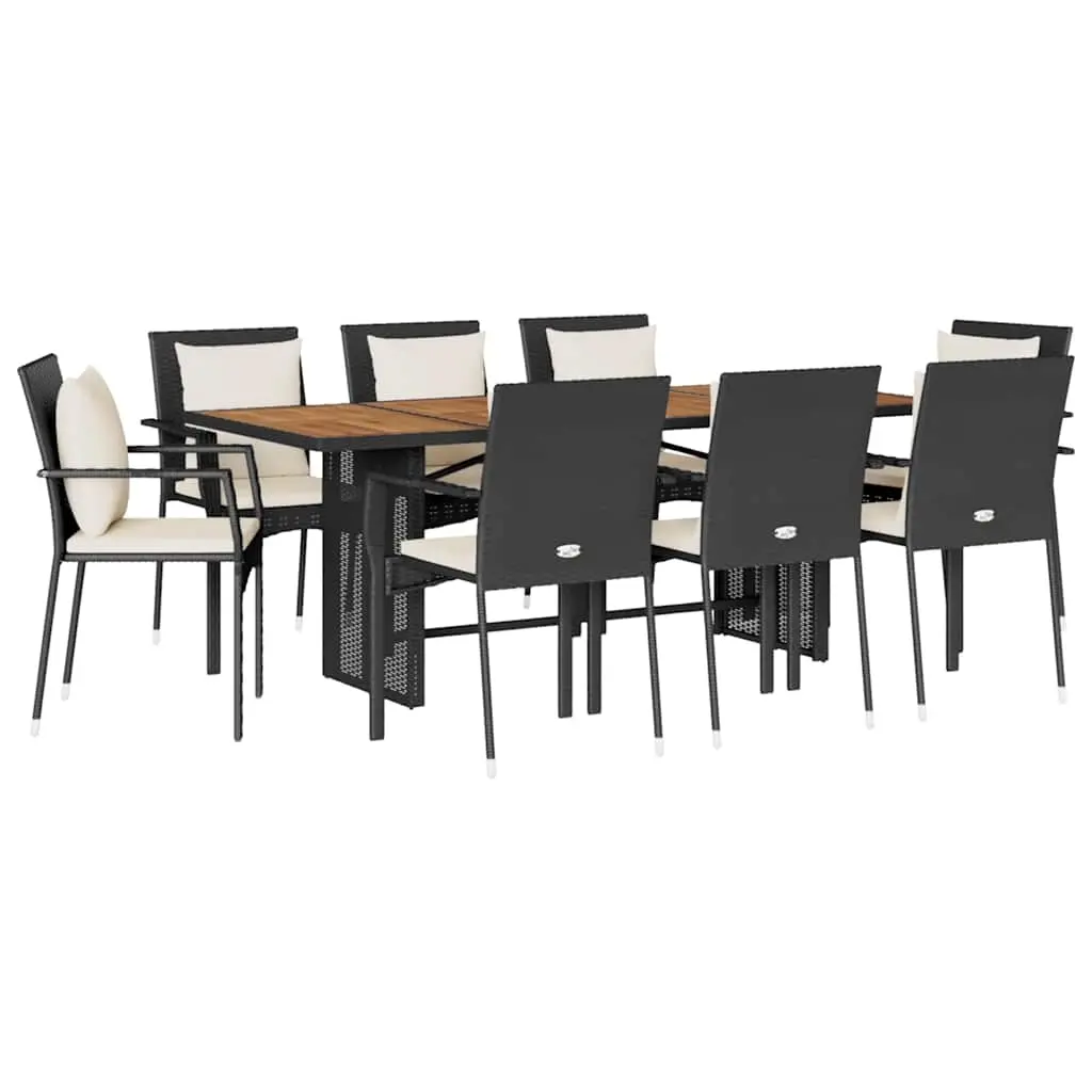 9 Piece Garden Dining Set with Cushions Black Poly Rattan 3213499 - Furniture