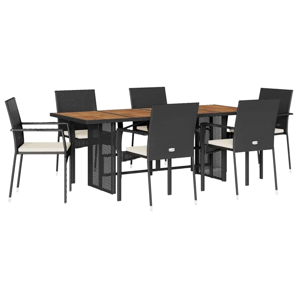 7 Piece Garden Dining Set with Cushions Black Poly Rattan 3213502 - Furniture