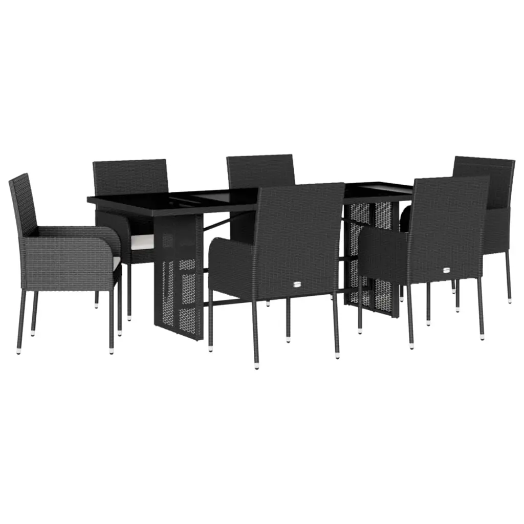 7 Piece Garden Dining Set with Cushions Black Poly Rattan 3213506 - Furniture