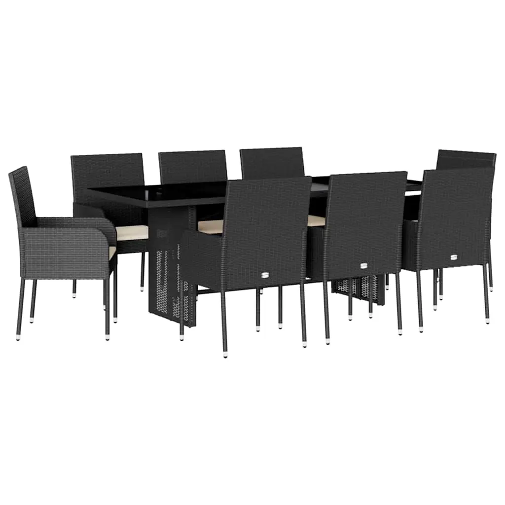 9 Piece Garden Dining Set with Cushions Black Poly Rattan 3213507 - Furniture