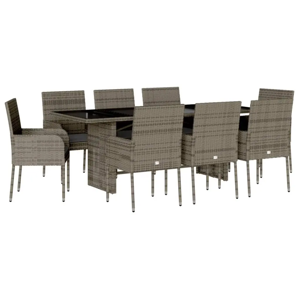 9 Piece Garden Dining Set with Cushions Grey Poly Rattan 3213509 - Furniture