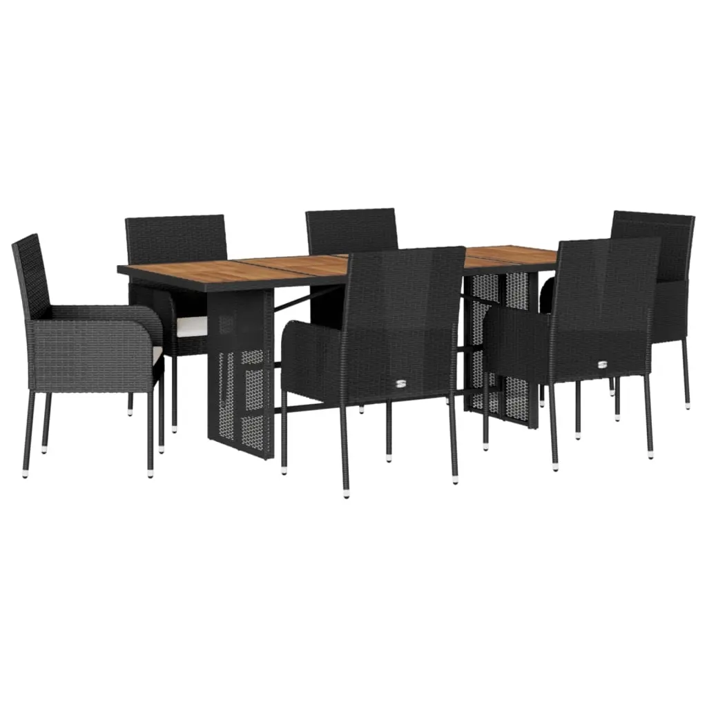 7 Piece Garden Dining Set with Cushions Black Poly Rattan 3213510 - Furniture