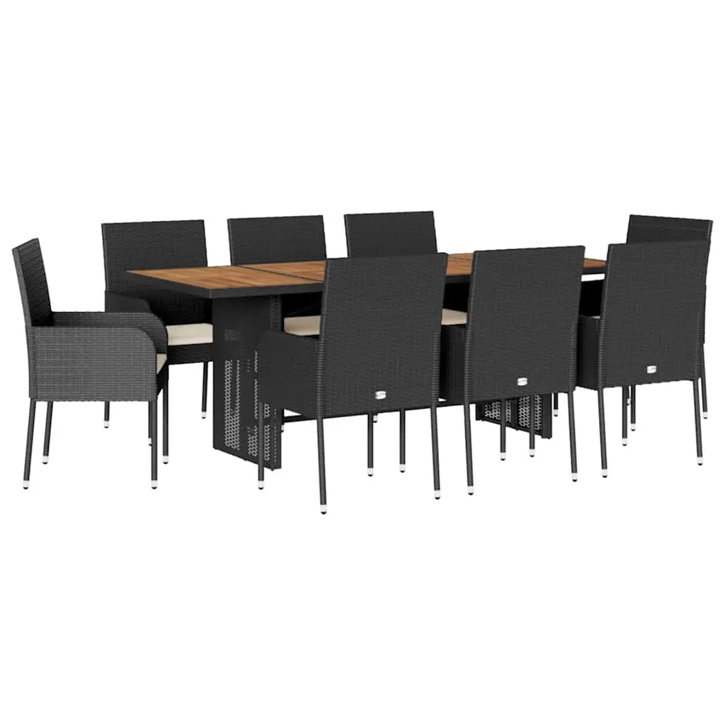 9 Piece Garden Dining Set with Cushions Black Poly Rattan 3213511 - Furniture