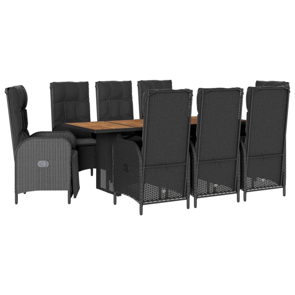 9 Piece Garden Dining Set with Cushions Black Poly Rattan 3213516 - Furniture