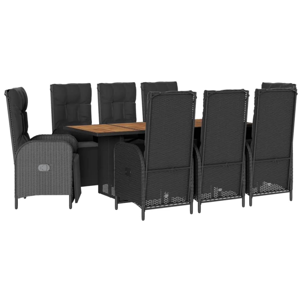 9 Piece Garden Dining Set with Cushions Black Poly Rattan 3213521 - Furniture
