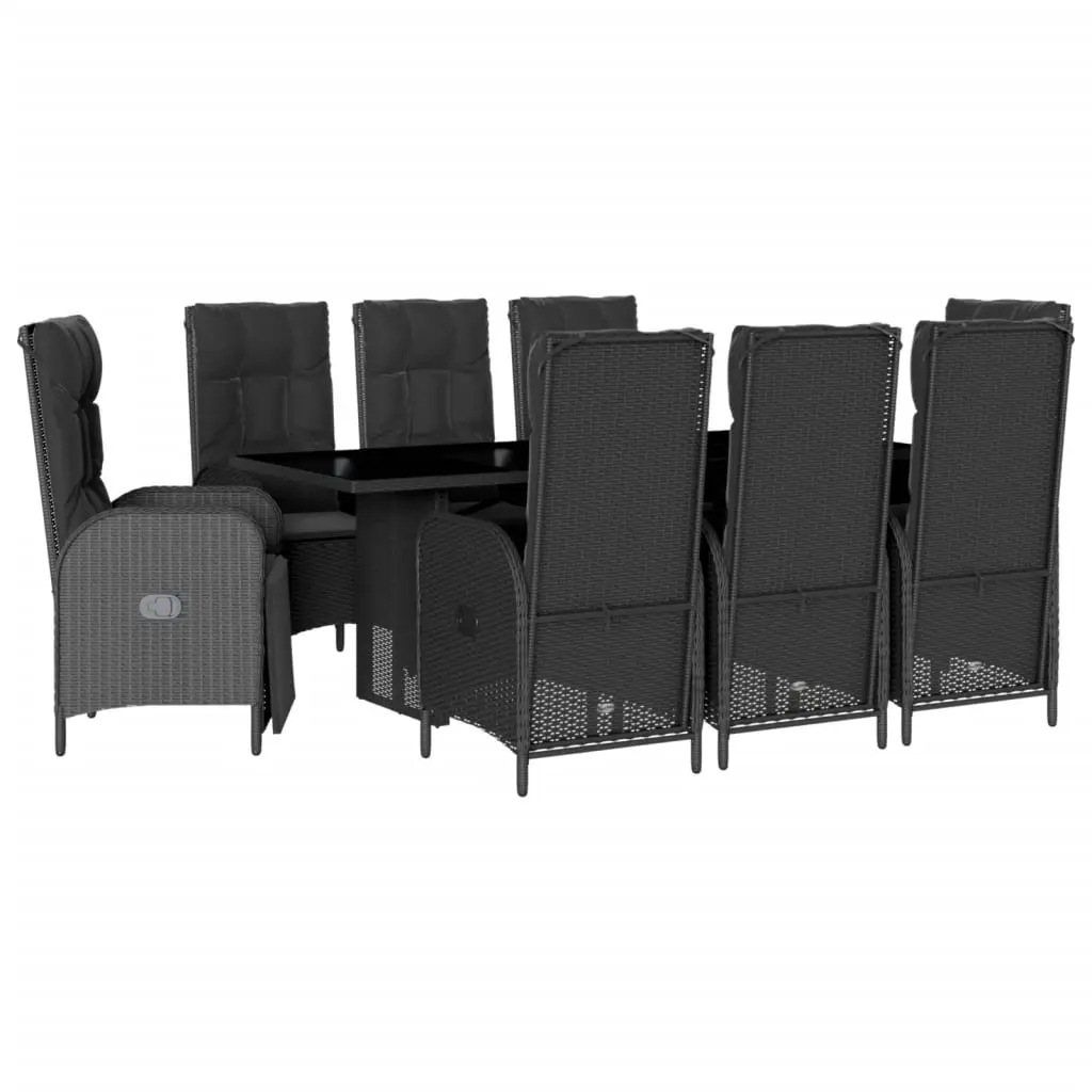 9 Piece Garden Dining Set with Cushions Black Poly Rattan 3213526 - Furniture