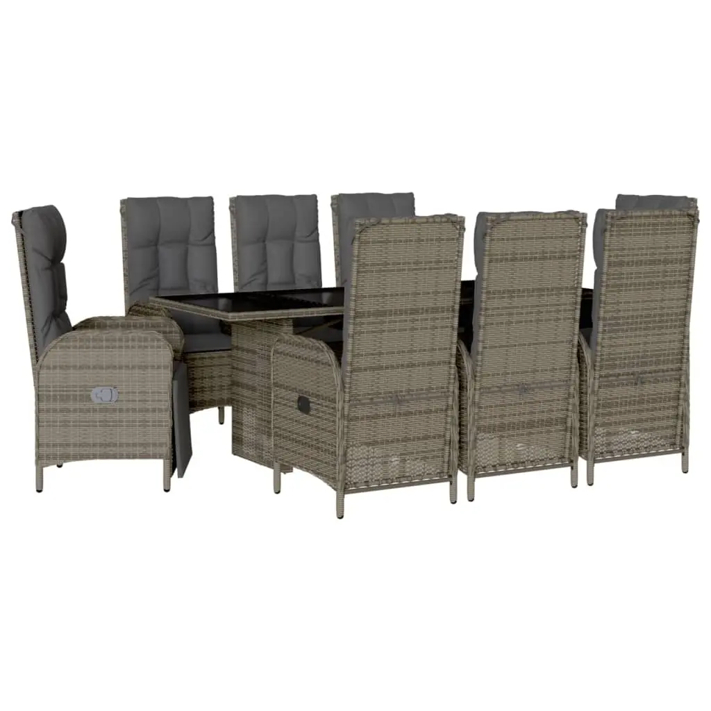 9 Piece Garden Dining Set with Cushions Grey Poly Rattan 3213529 - Furniture