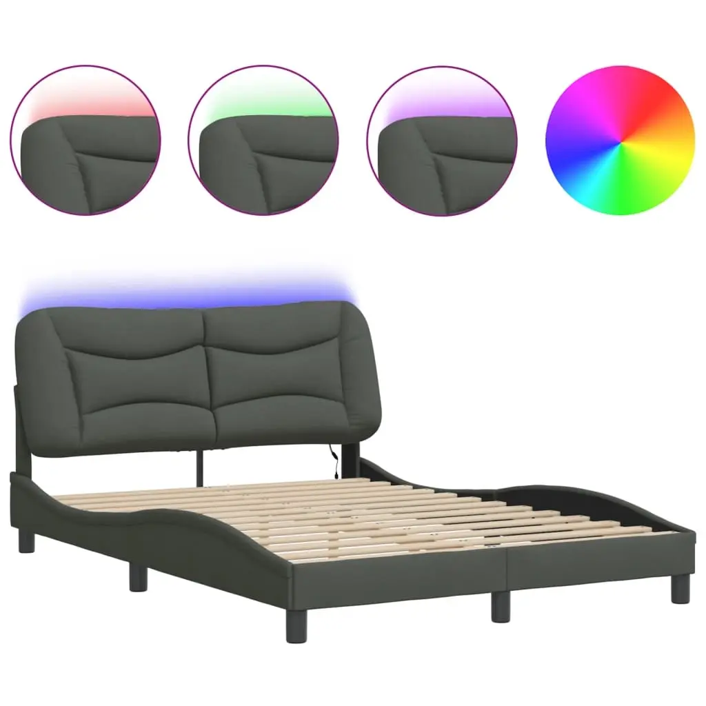 Bed Frame with LED without Mattress "Hvar" Dark Grey 137x190 cm Double Fabric 3213737 - Furniture