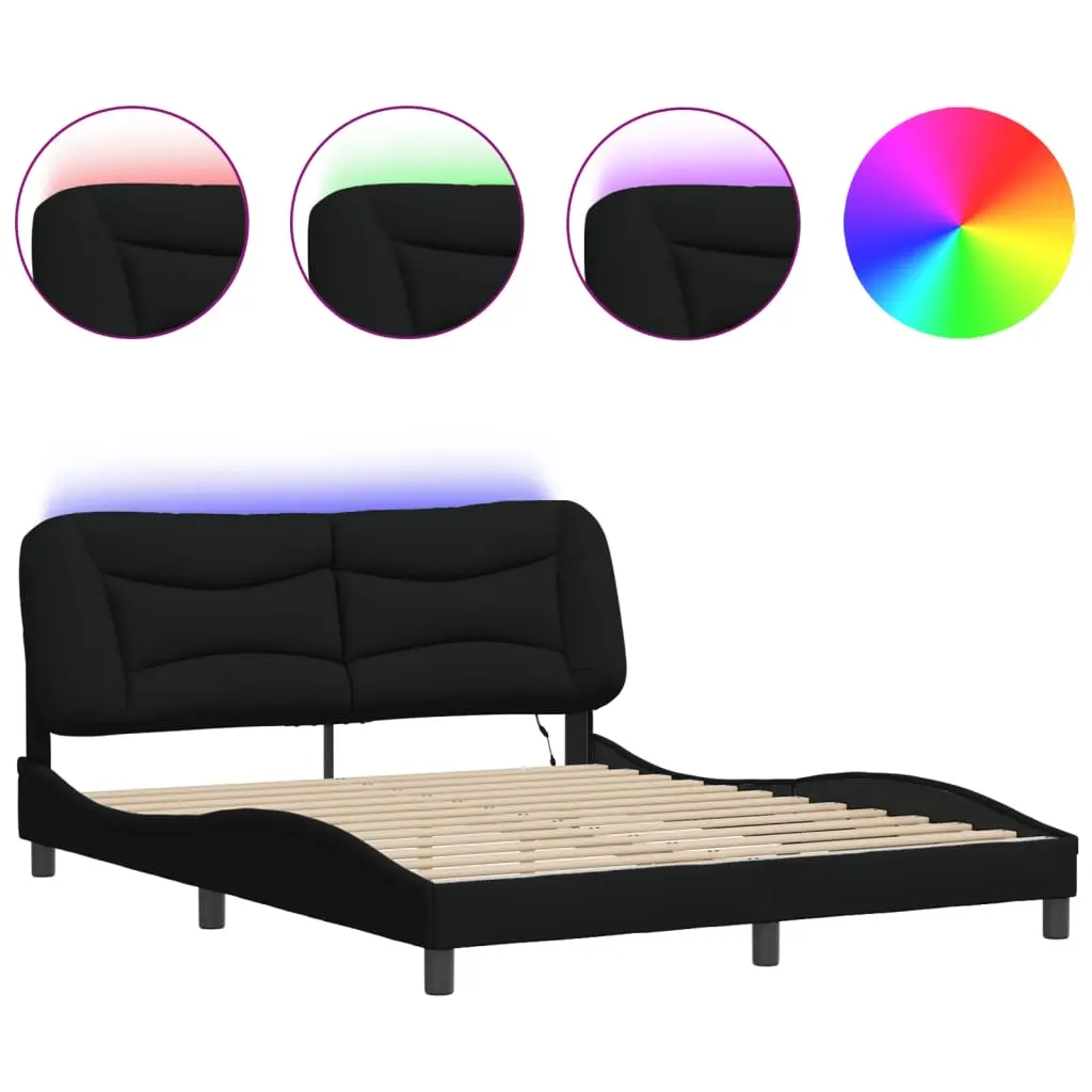 Bed Frame with LED without Mattress "Hvar" Black 152x203 cm Queen Fabric 3213740 - Furniture
