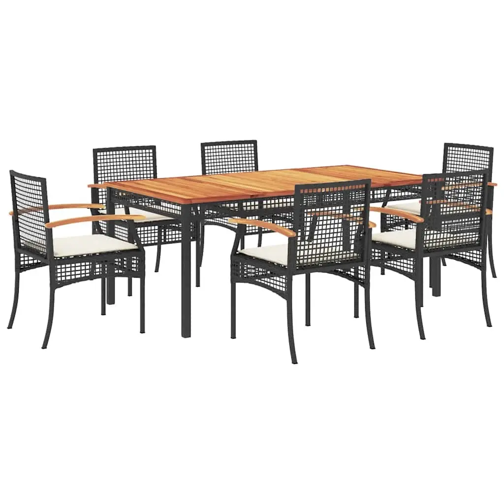 7 Piece Garden Dining Set with Cushions Black Poly Rattan 3213564 - Furniture