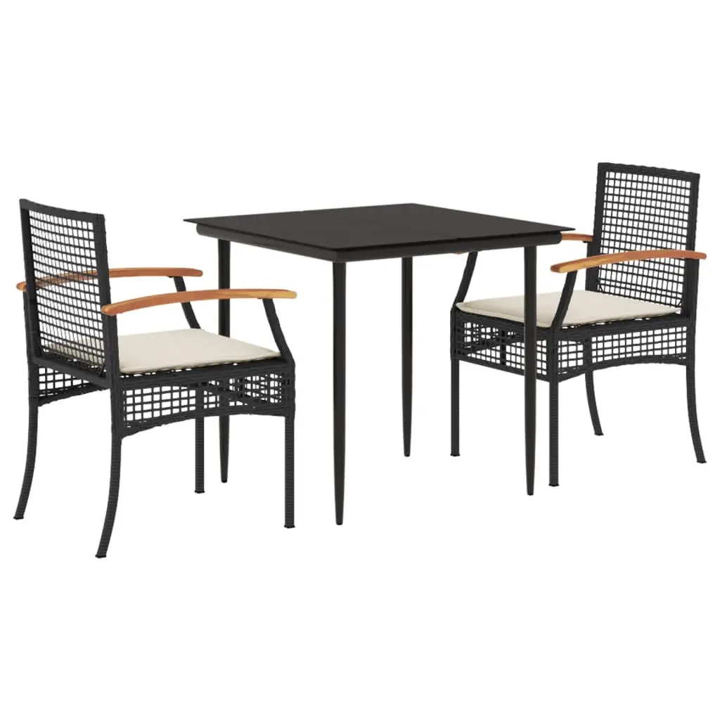 3 Piece Garden Dining Set with Cushions Black Poly Rattan 3213596 - Furniture