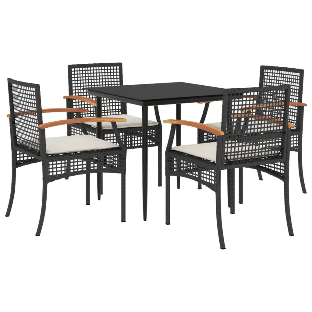 5 Piece Garden Dining Set with Cushions Black Poly Rattan 3213597 - Furniture