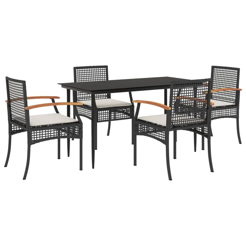 5 Piece Garden Dining Set with Cushions Black Poly Rattan 3213598 - Furniture