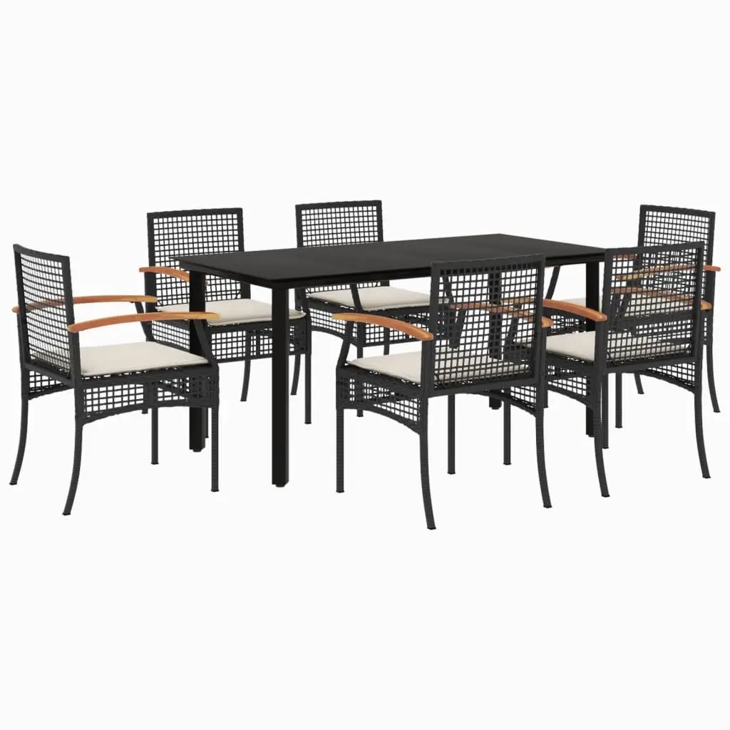 7 Piece Garden Dining Set with Cushions Black Poly Rattan 3213607 - Furniture