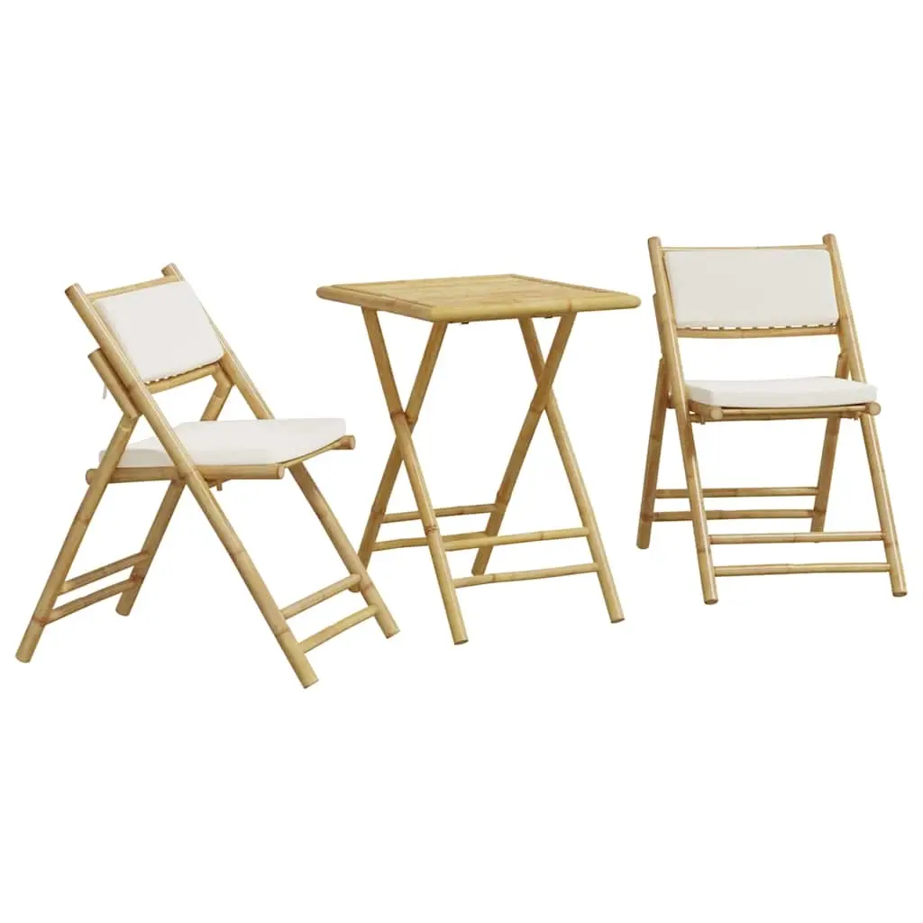 3 Piece Folding Bistro Set with Cream White Cushions Bamboo 3208933 - Furniture