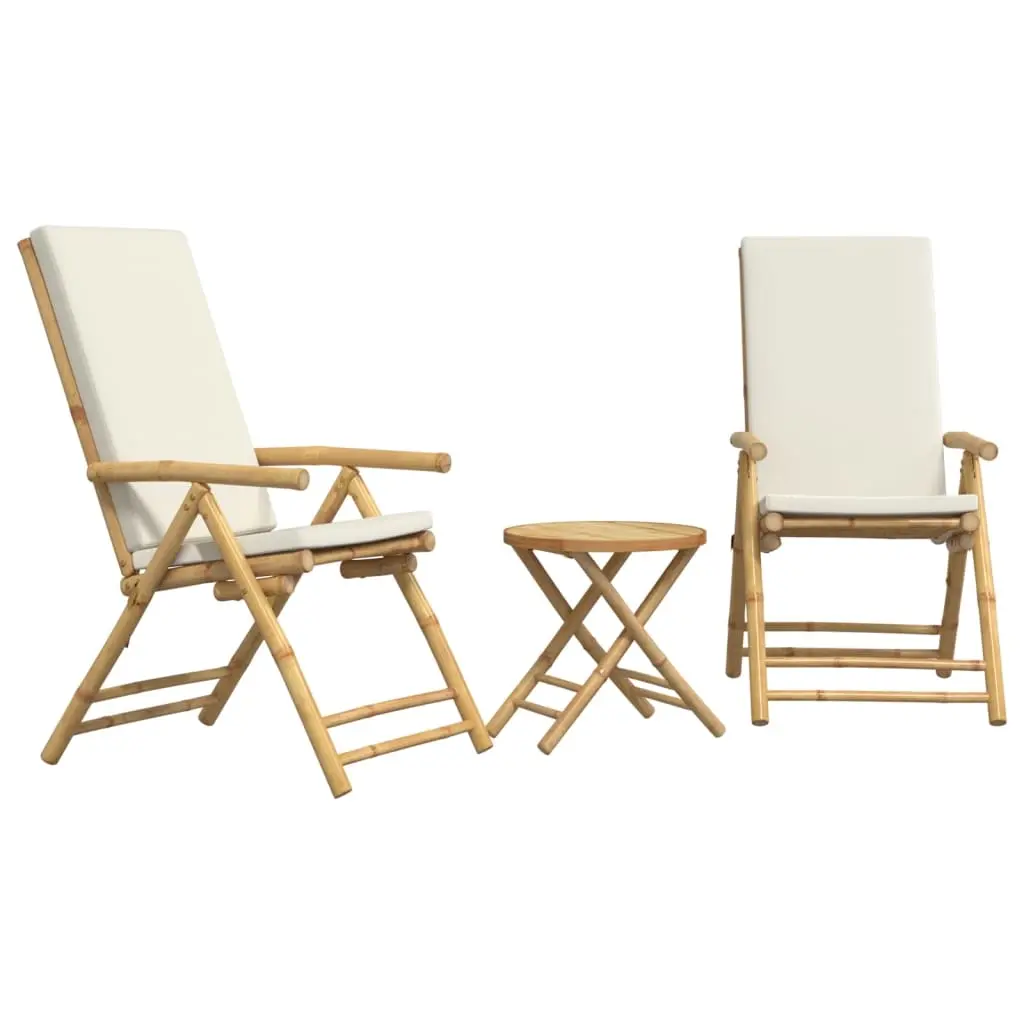 3 Piece Folding Bistro Set with Cream White Cushions Bamboo 3208937 - Furniture