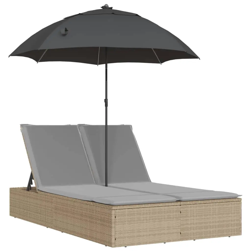 Double Sun Lounger with Cushions&Parasol Beige Poly Rattan 368084 - Up to 65% off Outdoor Furniture