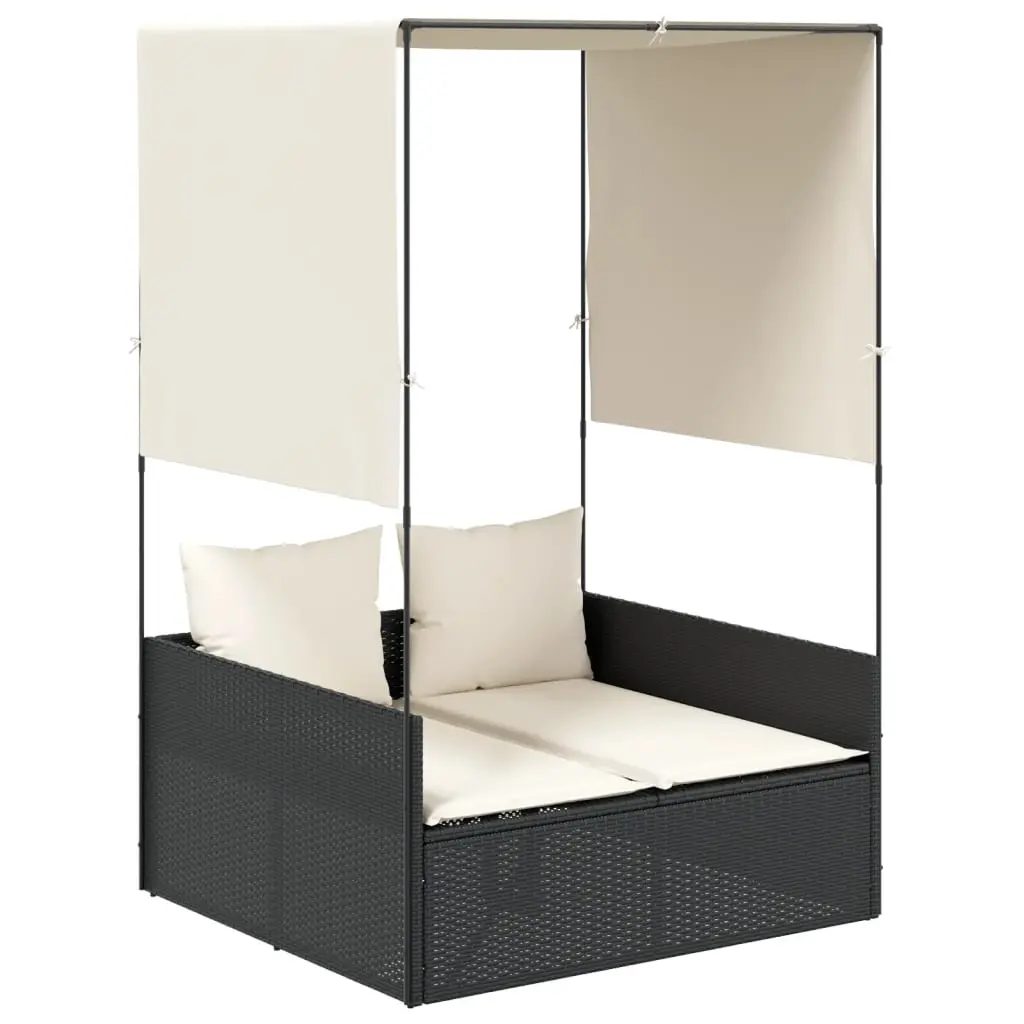 Double Sun Lounger with Roof and Curtains Black Poly Rattan 4002755 - Furniture