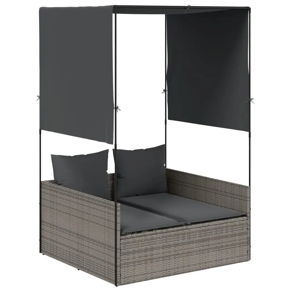 Double Sun Lounger with Roof and Curtains Grey Poly Rattan 4002757 - Furniture