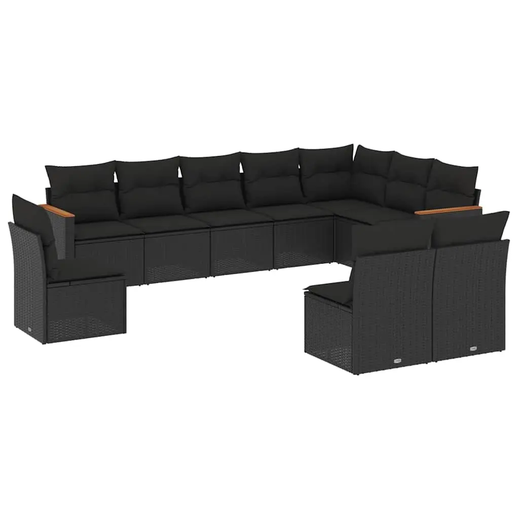 10 Piece Garden Sofa Set with Cushions Black Poly Rattan 3226069 - Furniture