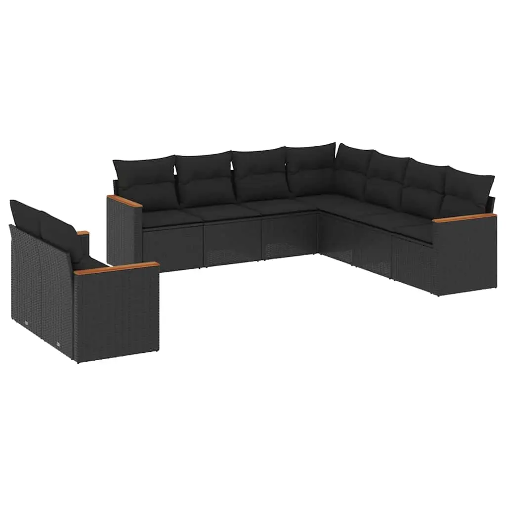 9 Piece Garden Sofa Set with Cushions Black Poly Rattan 3226097 - Furniture