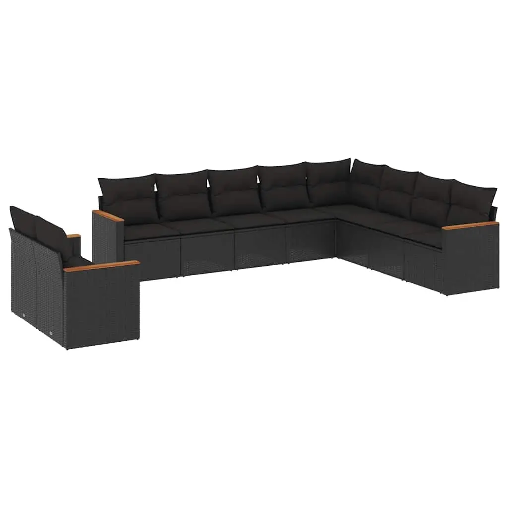 10 Piece Garden Sofa Set with Cushions Black Poly Rattan 3226111 - Furniture