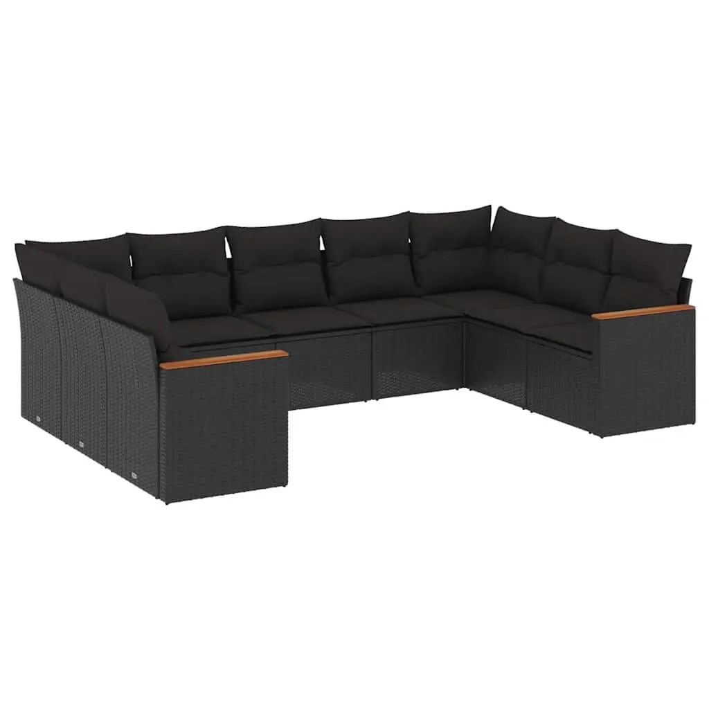 9 Piece Garden Sofa Set with Cushions Black Poly Rattan 3226272 - Furniture
