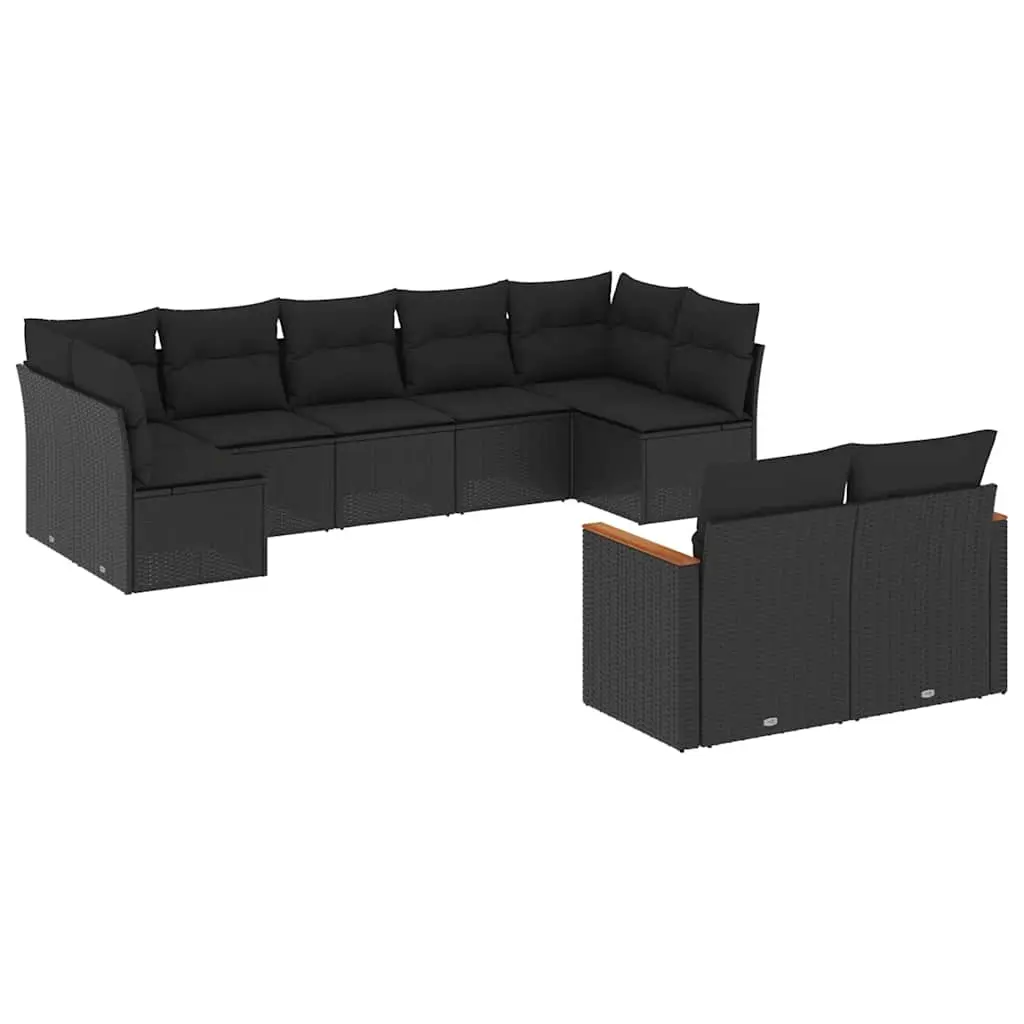 9 Piece Garden Sofa Set with Cushions Black Poly Rattan 3226286 - Furniture