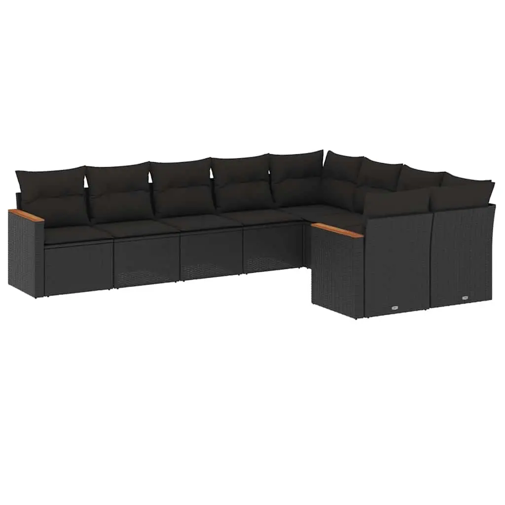 9 Piece Garden Sofa Set with Cushions Black Poly Rattan 3226300 - Furniture