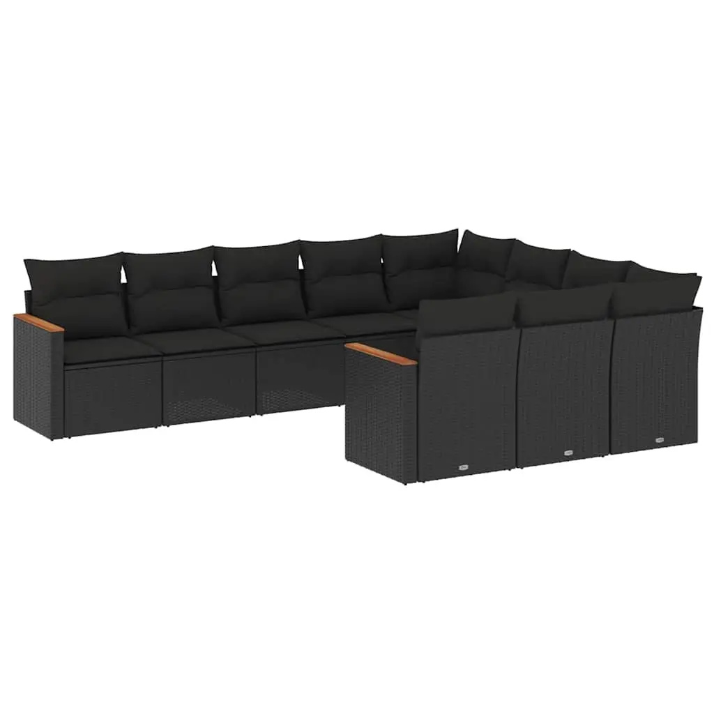 10 Piece Garden Sofa Set with Cushions Black Poly Rattan 3226335 - Furniture