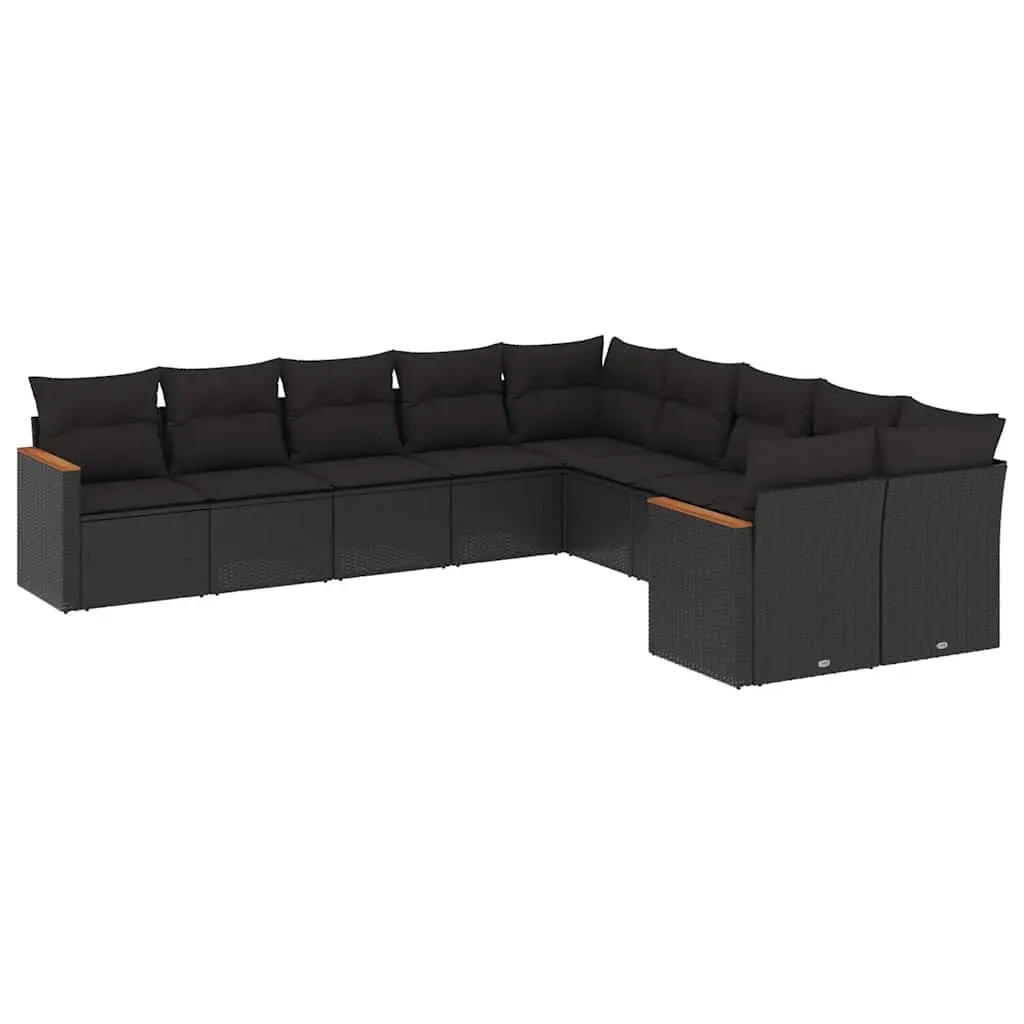 10 Piece Garden Sofa Set with Cushions Black Poly Rattan 3226349 - Furniture