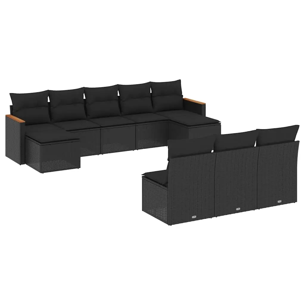 10 Piece Garden Sofa Set with Cushions Black Poly Rattan 3226384 - Furniture