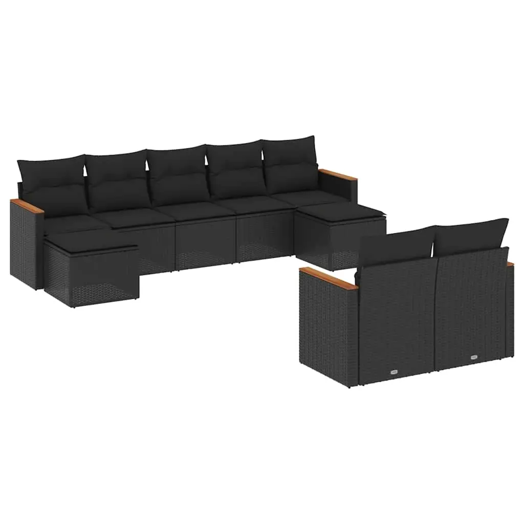 9 Piece Garden Sofa Set with Cushions Black Poly Rattan 3226398 - Furniture