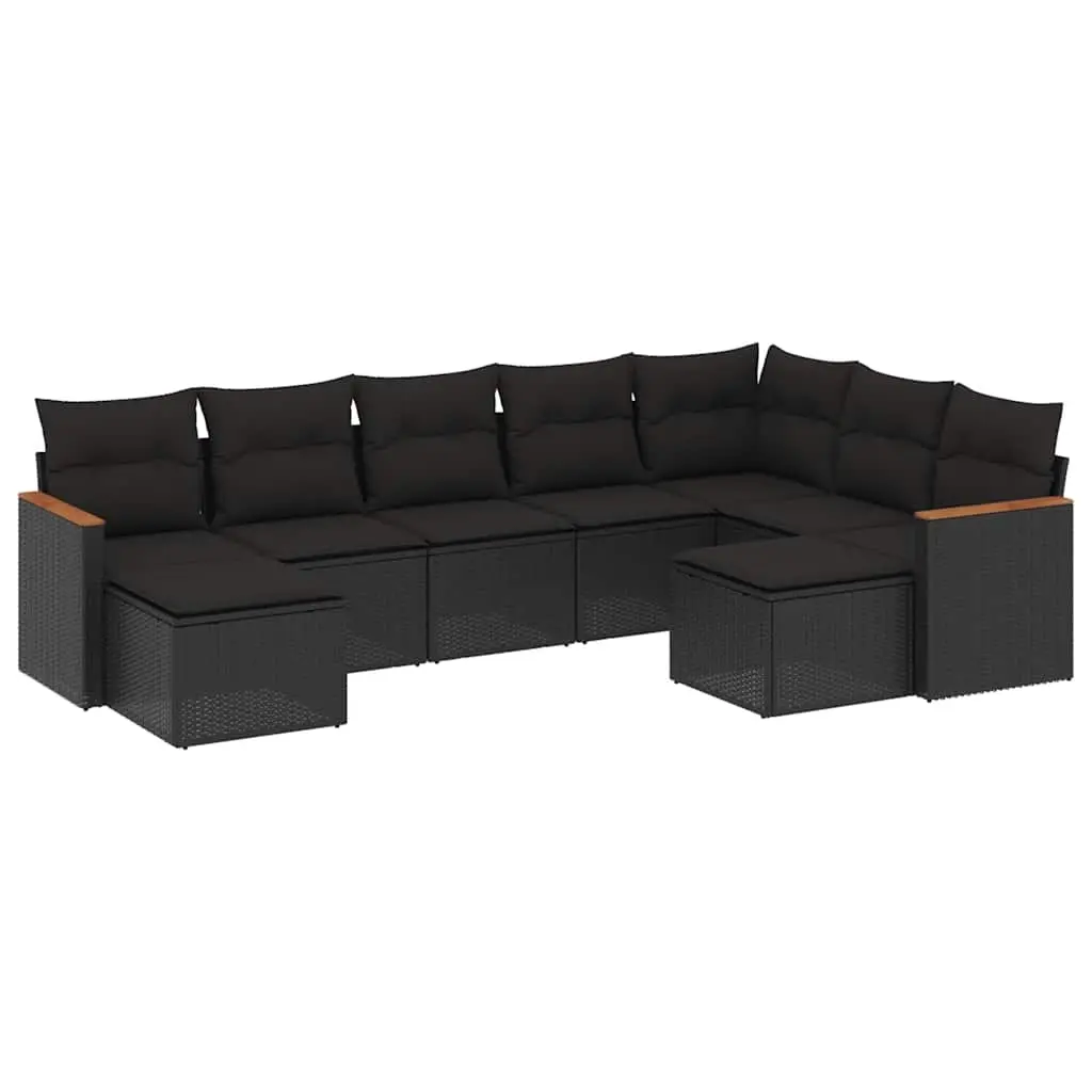 9 Piece Garden Sofa Set with Cushions Black Poly Rattan 3226538 - Furniture