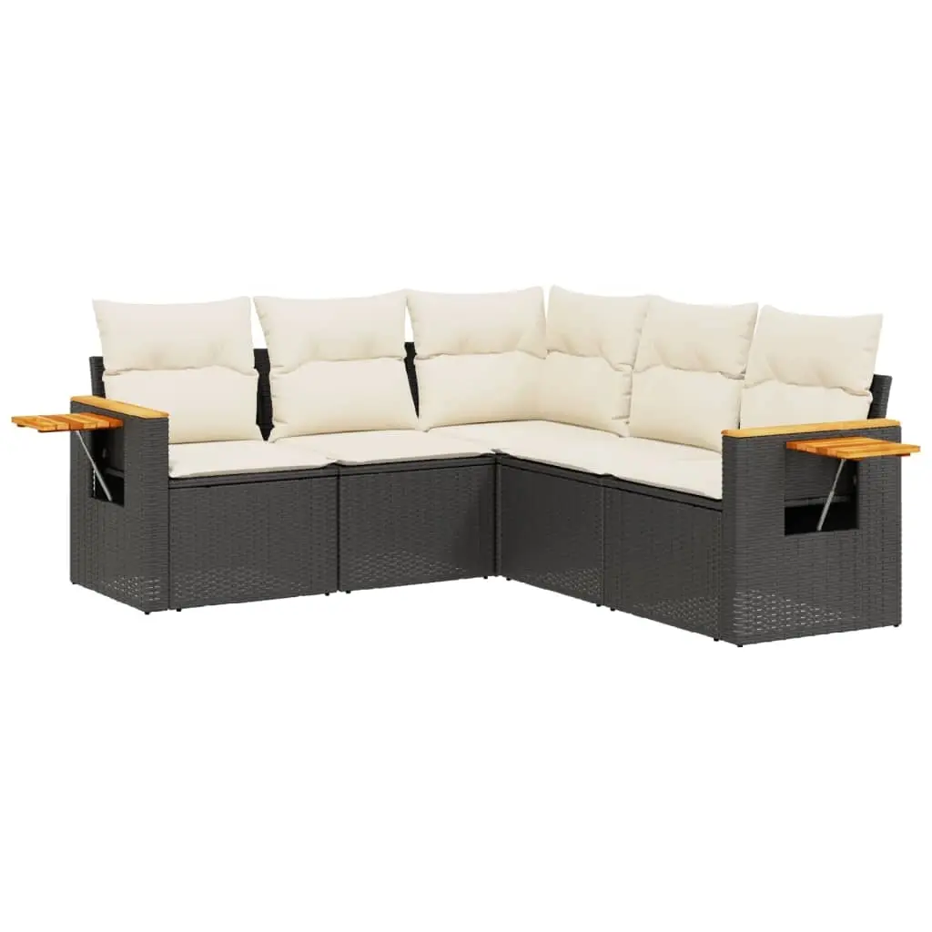 5 Piece Garden Sofa Set with Cushions Black Poly Rattan 3226798 - Furniture