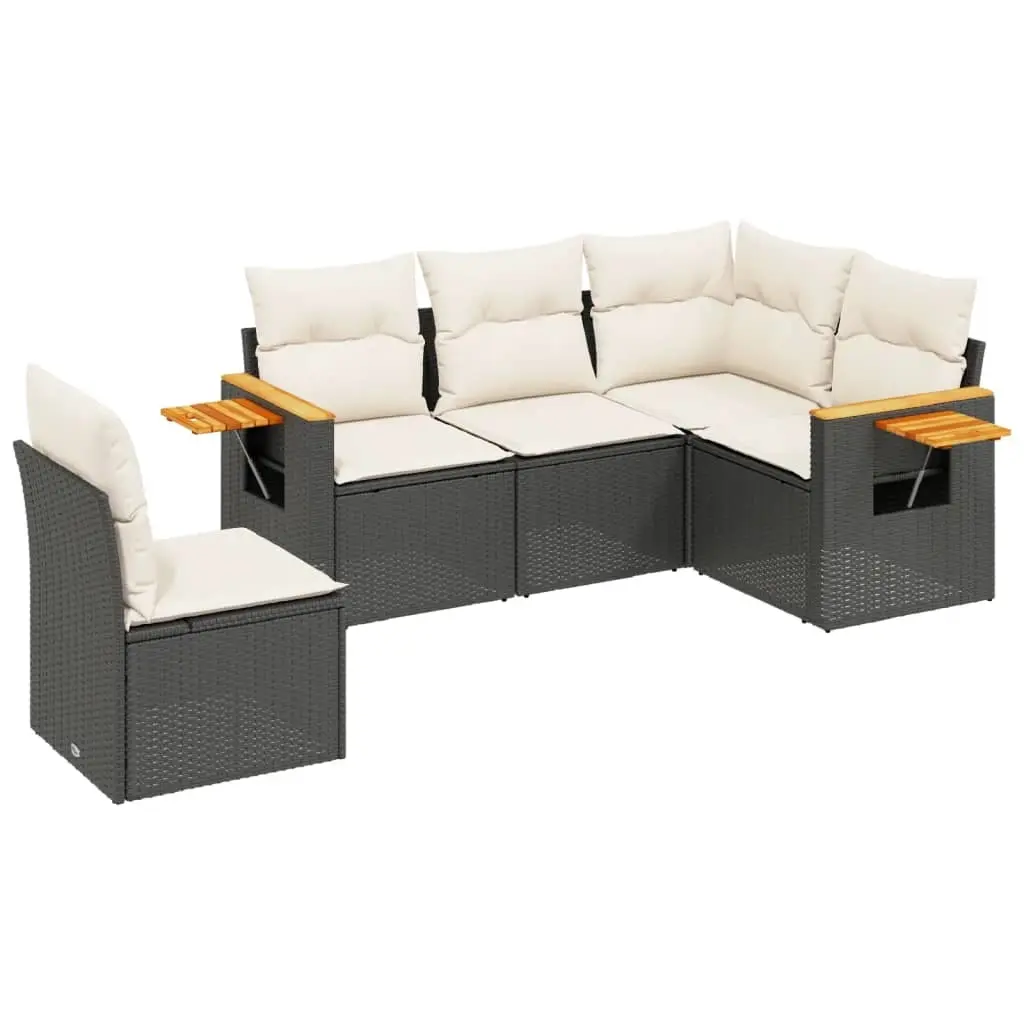 5 Piece Garden Sofa Set with Cushions Black Poly Rattan 3226812 - Furniture