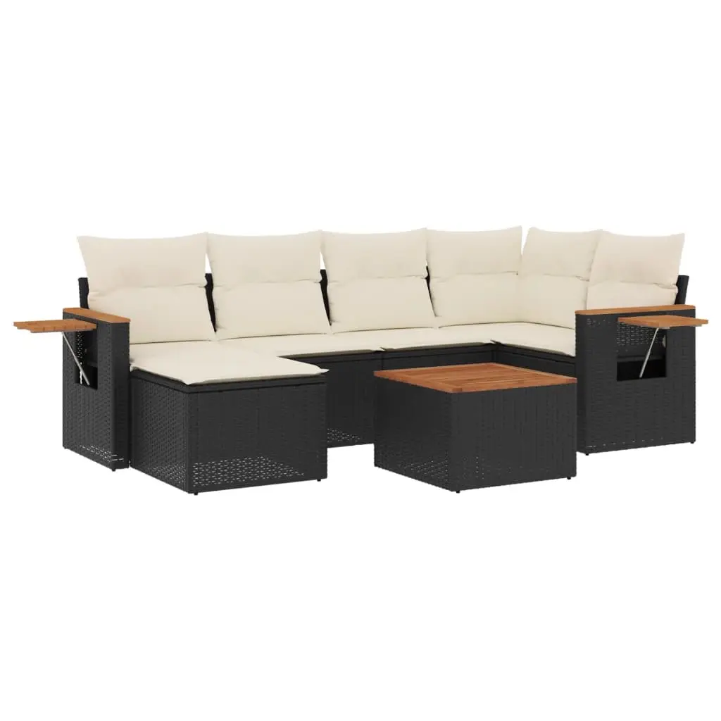 7 Piece Garden Sofa Set with Cushions Black Poly Rattan 3227022 - Furniture