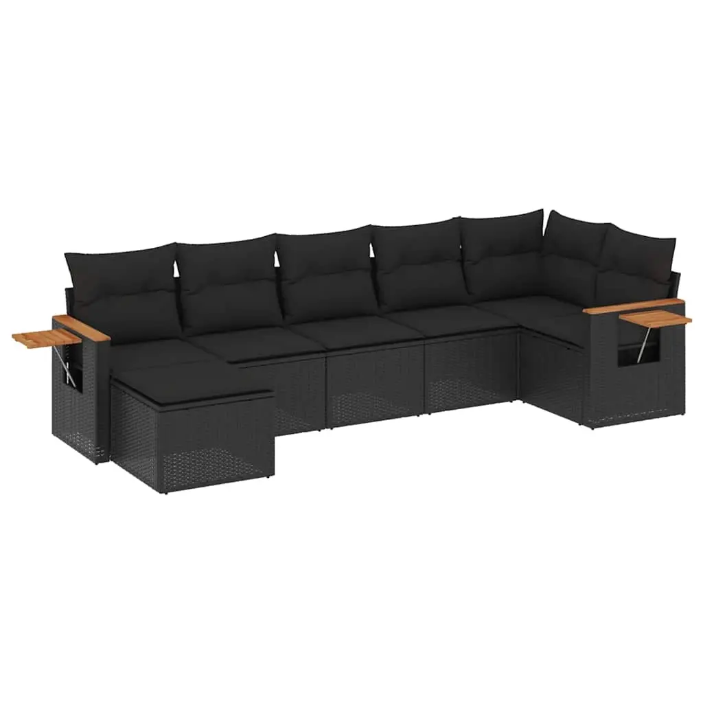 7 Piece Garden Sofa Set with Cushions Black Poly Rattan 3227028 - Furniture